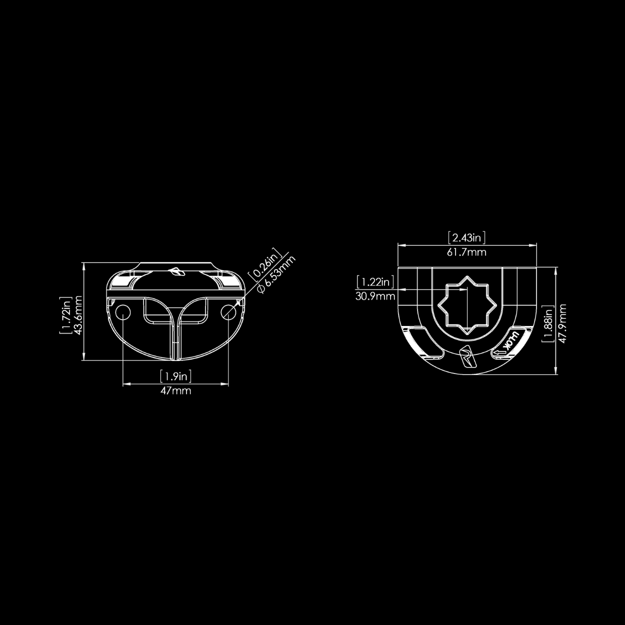Technical drawings of a product with dimensions on a black background