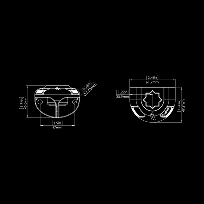 Technical drawings of a product with dimensions on a black background